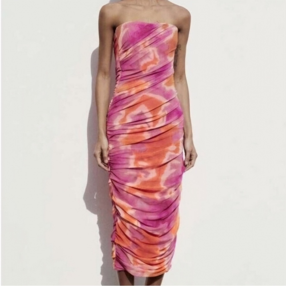 NEW Zara Print Dress with Tulle Pink Orange Strapless Size Large NWT